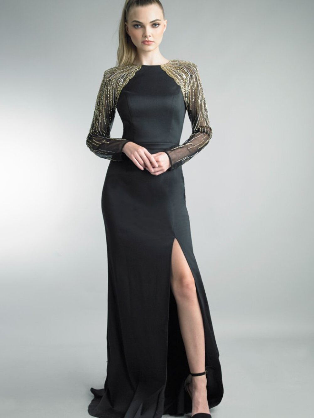 D1532L Sequined Sleeve Column Gown - Black